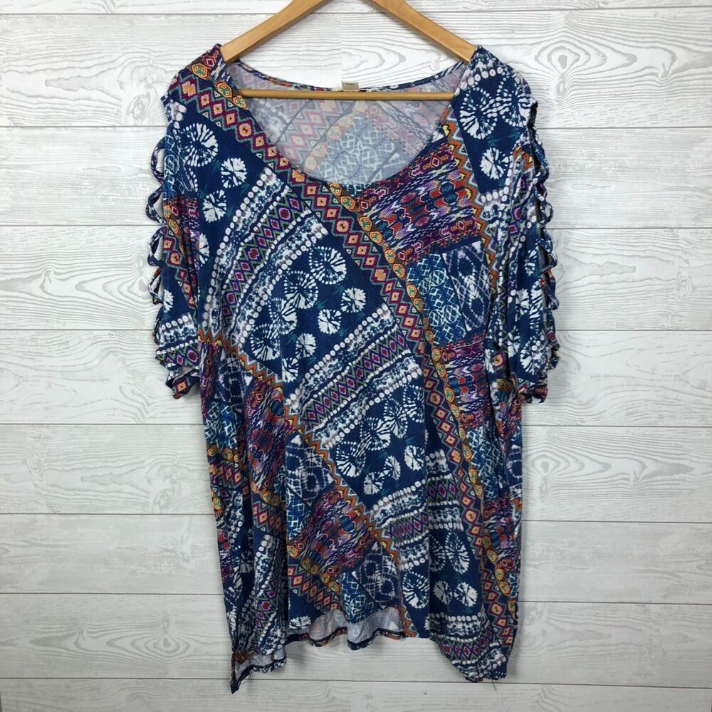 Westbound Women's 2X Printed Tunic Shirt Scoop Neck Caged Open Sleeve Casual